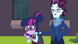 Size: 1280x720 | Tagged: safe, screencap, principal abacus cinch, sci-twi, twilight sparkle, human, equestria girls, g4, my little pony equestria girls: friendship games, cinch is not amused, clothes, crystal prep academy uniform, cutie mark accessory, hand on shoulder, principal and student, school uniform, unamused