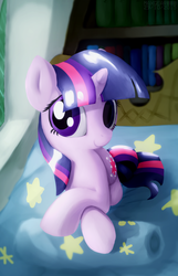 Size: 1356x2108 | Tagged: safe, artist:mgmax, twilight sparkle, g4, bed, book, bookshelf, female, rain, solo, window