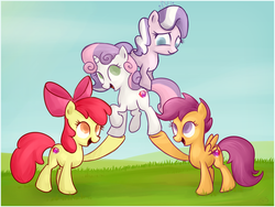 Size: 1200x900 | Tagged: safe, artist:xwreathofroses, apple bloom, diamond tiara, scootaloo, sweetie belle, pegasus, pony, unicorn, crusaders of the lost mark, g4, bow, cutie mark, cutie mark crusaders, happy, holding a pony, smiling, statue, the cmc's cutie marks, wings