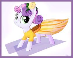 Size: 2005x1579 | Tagged: safe, artist:artoftheghostie, sweetie belle, g4, clothes, dress, female, flower, flower in hair, saddle, solo, tack, yellow dress