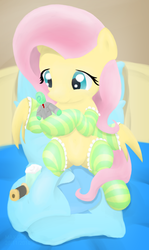 Size: 1101x1845 | Tagged: safe, artist:mgmax, fluttershy, oc, oc:anon, pegasus, pony, g4, clothes, female, mare, plushie, socks, solo, striped socks, thread