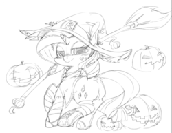 Size: 819x631 | Tagged: safe, artist::kuma8696, rarity, g4, female, halloween, monochrome, solo, witch