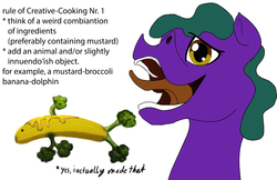 Size: 1280x828 | Tagged: safe, artist:xormak, oc, oc only, oc:mustardpopsicle, dolphin, banana, broccoli, mustard, open mouth, solo, text, tongue out, what has science done