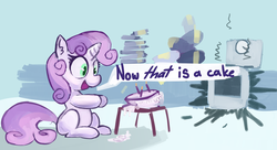 Size: 3300x1800 | Tagged: safe, artist:lilfunkman, sweetie belle, pony, unicorn, g4, bad cooking, cake, dialogue, female, filly, mare, solo, sweetie belle can't cook, sweetie fail