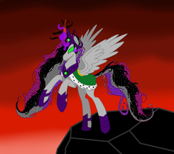 Size: 900x800 | Tagged: safe, artist:hezzah-rae, artist:regretfuldragon, princess celestia, g4, boots, clothes, colored horn, corrupted, corrupted celestia, crown, curved horn, dark magic, evil celestia, evilestia, female, horn, jewelry, magic, peytral, rearing, red sky, regalia, robe, shoes, solo, sombra eyes, sombra horn, tiara