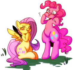 Size: 1024x953 | Tagged: safe, artist:noumiso, fluttershy, pinkie pie, earth pony, pegasus, pony, g4, bipedal, blushing, cute, duo, faic, funny face, silly, silly pony, tongue out