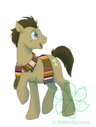 Size: 757x1000 | Tagged: dead source, safe, artist:bellmod, doctor whooves, time turner, earth pony, pony, g4, clothes, fourth doctor's scarf, male, open mouth, raised hoof, scarf, simple background, solo, stallion, striped scarf, transparent background, watermark