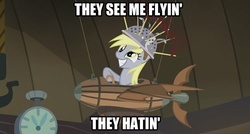 Size: 500x268 | Tagged: dead source, safe, derpy hooves, pegasus, pony, g4, slice of life (episode), 100th episode, chamillionaire, colander, female, image macro, mare, meme, muffin 1, plane, ridin, solo