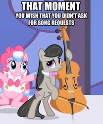 Size: 390x468 | Tagged: safe, edit, edited screencap, screencap, octavia melody, pinkie pie, g4, the best night ever, bipedal, bipedal leaning, bow (instrument), cello, clothes, cropped, dress, duo, gala dress, hoof hold, image macro, leaning, meme, musical instrument