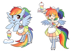 Size: 1024x724 | Tagged: safe, artist:kongyi, rainbow dash, human, g4, carhop, clothes, cute, dashabetes, eared humanization, human ponidox, humanized, looking at you, milkshake, open mouth, open smile, rainbow dash always dresses in style, rearing, roller skates, simple background, skirt, smiling, sweets, tailed humanization, winged humanization, wink