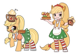 Size: 900x636 | Tagged: safe, artist:kongyi, applejack, human, g4, alcohol, apple, cake, cider, clothes, drink, eared humanization, food, human ponidox, humanized, looking at you, maid, simple background, tailed humanization, tray, wink