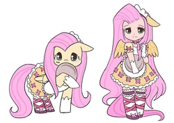 Size: 900x636 | Tagged: safe, artist:kongyi, fluttershy, human, g4, clothes, cute, eared humanization, gloves, human ponidox, humanized, looking at you, maid, shy, shyabetes, simple background, tailed humanization, tray, winged humanization