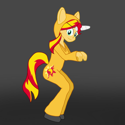 Size: 1000x1000 | Tagged: safe, artist:phallen1, sunset shimmer, equestria girls, g4, 30 minute art challenge, autocosplay, backwards cutie mark, clothes, costume, fake horn, female, halloween, inception, kigurumi, onesie, solo