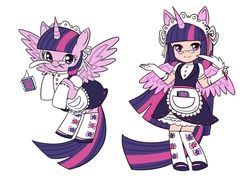 Size: 900x636 | Tagged: safe, artist:kongyi, twilight sparkle, human, g4, clothes, eared humanization, horn, horned humanization, human ponidox, humanized, looking at you, maid, simple background, tailed humanization, tray, twilight sparkle (alicorn), winged humanization