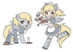 Size: 1024x724 | Tagged: safe, artist:kongyi, derpy hooves, human, g4, clothes, cute, derpabetes, drink, eared humanization, human ponidox, humanized, looking at you, maid, simple background, tailed humanization, tray, winged humanization