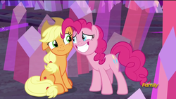 Size: 1920x1080 | Tagged: safe, screencap, applejack, pinkie pie, g4, hearthbreakers, faic, personal space invasion, smiling, teeth
