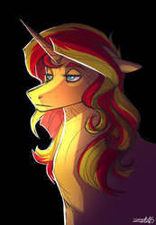 Size: 599x866 | Tagged: safe, artist:zetapold, sunset shimmer, pony, unicorn, g4, black background, bust, female, hoers, portrait, sad, simple background, solo, sunsad shimmer