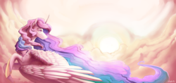 Size: 1979x935 | Tagged: safe, artist:zetapold, princess celestia, g4, cloud, cloudy, colored, curved horn, digital painting, female, flying, horn, lidded eyes, looking back, sky, smiling, solo, sun