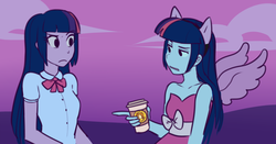 Size: 1280x670 | Tagged: safe, artist:rileyav, twilight sparkle, equestria girls, g4, clothes, coffee, cosplay, costume, dress, halloween, not twilight sparkle, pointing, raised eyebrow, simple background, unamused