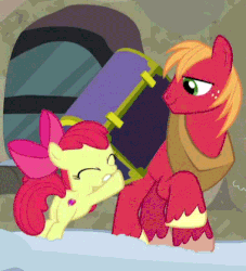 Size: 380x419 | Tagged: safe, screencap, apple bloom, big macintosh, earth pony, pony, g4, hearthbreakers, adorabloom, animated, brother and sister, cropped, cute, duo, faceplant, fail, falling, female, filly, foal, male, silly, silly pony, slipping, snow, stallion, trunk