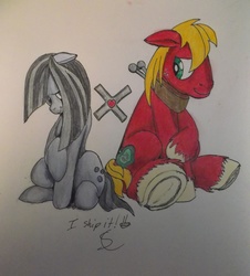Size: 3216x3550 | Tagged: safe, artist:scribblepwn3, big macintosh, marble pie, earth pony, pony, g4, hearthbreakers, high res, male, ship:marblemac, shipping, stallion, straight, traditional art, underhoof