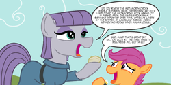 Size: 880x440 | Tagged: safe, artist:sillyfillysketches, maud pie, scootaloo, g4, dialogue, missing nose, rock, speech bubble, watch