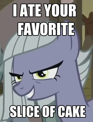 Size: 415x541 | Tagged: safe, limestone pie, g4, hearthbreakers, cake, image macro, meme, pure unfiltered evil