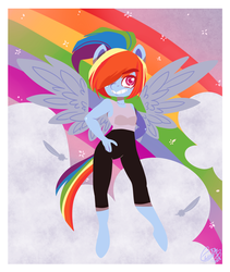 Size: 1280x1517 | Tagged: safe, artist:glorifiedmop, rainbow dash, anthro, g4, alternate hairstyle, clothes, cloud, cloudy, feather, female, grin, leggings, looking at you, rainbow, solo, tank top