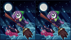 Size: 1280x720 | Tagged: safe, artist:panyang-panyang, pinkie pie, spike, g4, broom, cloud, crossover, cute little fangs, fangs, flying, flying broomstick, full moon, harry potter (series), moon, open mouth, smiling, sparkles, stars, upside down