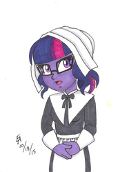 Size: 800x1070 | Tagged: safe, artist:mayorlight, sci-twi, twilight sparkle, equestria girls, g4, my little pony equestria girls: friendship games, female, halloween, nightmare night, pilgrim outfit, solo, traditional art