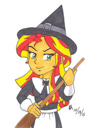 Size: 800x1073 | Tagged: safe, artist:mayorlight, sunset shimmer, equestria girls, g4, broom, clothes, costume, female, halloween, nightmare night, solo, traditional art, witch