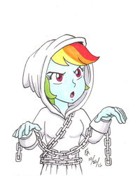 Size: 800x1068 | Tagged: safe, artist:mayorlight, rainbow dash, ghost, equestria girls, g4, chains, clothes, costume, female, ghost costume, halloween, halloween costume, nightmare night, solo, traditional art