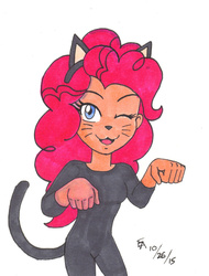 Size: 800x1053 | Tagged: safe, artist:mayorlight, pinkie pie, equestria girls, g4, black cat, clothes, costume, female, halloween, nightmare night, solo, traditional art