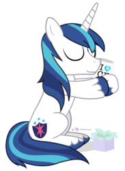 Size: 660x900 | Tagged: safe, artist:dm29, shining armor, pony, unicorn, g4, colored hooves, crystal empire, crystal heart, cute, eyes closed, hug, male, mug, present, shining adorable, simple background, sitting, smiling, solo, stallion, transparent background, vector
