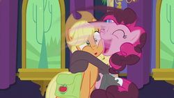 Size: 1280x720 | Tagged: safe, screencap, applejack, pinkie pie, g4, hearthbreakers, great moments in animation, hug, smear frame, soot