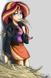 Size: 750x1132 | Tagged: safe, artist:ncmares, sunset shimmer, human, equestria girls, clothes, cute, cutie mark on clothes, eating, female, hay, homesick shimmer, humanized, humans doing horse things, jacket, leather jacket, looking at you, ncmares is trying to murder us, shimmerbetes, shirt, skirt, solo, standing, sunset wants her old digestive system back
