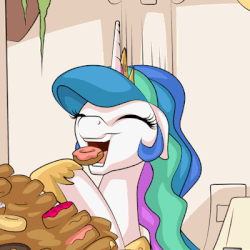 Size: 400x400 | Tagged: safe, artist:mysticalpha, princess celestia, pony, g4, animated, cute, donut, donutlestia, eating, eyes closed, female, floppy ears, food, gluttony, happy, hoof hold, loop, mare, open mouth, smiling, solo, this will end in weight gain, throwing