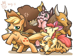 Size: 900x675 | Tagged: safe, artist:kongyi, part of a set, apple bloom, applejack, bouffalant, growlithe, miltank, tauros, g4, crossover, lasso, pokémon, rope