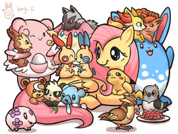 Size: 900x675 | Tagged: safe, artist:kongyi, part of a set, fluttershy, audino, azumarill, blissey, cubchoo, fennekin, fox, kitsune, lillipup, minun, munna, pancham, pegasus, pidgey, pidove, pikachu, plusle, pony, poochyena, teddiursa, vulpix, g4, :3, crossover, cute, daaaaaaaaaaaw, pokémon, shyabetes, that pony sure does love animals, weapons-grade cute