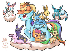 Size: 900x636 | Tagged: safe, artist:kongyi, part of a set, rainbow dash, scootaloo, eevee, espeon, flareon, glaceon, jolteon, leafeon, pegasus, pony, sylveon, umbreon, vaporeon, g4, backwards cutie mark, crossover, cute, cutealoo, eeveelutions, female, filly, mare, pokémon, simple background, white background