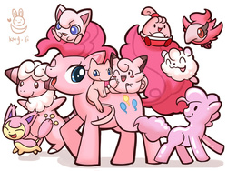 Size: 900x675 | Tagged: safe, artist:kongyi, part of a set, pinkie pie, clefairy, ditto, flaaffy, happiny, jigglypuff, mew, skitty, spritzee, swirlix, g4, crossover, cute, diapinkes, pink, pokémon, simple background, white background