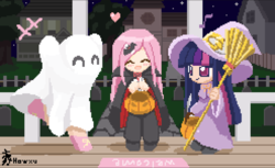 Size: 1235x757 | Tagged: safe, artist:howxu, fluttershy, pinkie pie, twilight sparkle, ghost, human, vampire, g4, bedsheet ghost, broom, cute, diapinkes, halloween, humanized, pixel art, pumpkin bucket, shyabetes, trick or treat, trio, twiabetes, vampire costume, witch, witch costume