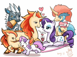 Size: 1000x749 | Tagged: safe, artist:kongyi, part of a set, rarity, sweetie belle, keldeo, pony, ponyta, rapidash, unicorn, zebstrika, g4, bouquet, crossover, female, filly, flower, foal, heart, mare, mouth hold, pokémon, simple background, white background