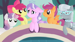 Size: 1280x720 | Tagged: safe, artist:jbond, apple bloom, diamond tiara, scootaloo, silver spoon, sweetie belle, earth pony, pegasus, pony, unicorn, crusaders of the lost mark, g4, bridge, cutie mark, cutie mark crusaders, female, filly, foal, sad, the cmc's cutie marks, the pony i want to be, tiaralove
