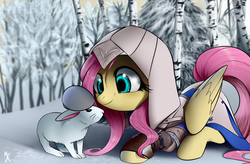 Size: 1624x1068 | Tagged: safe, artist:supermare, fluttershy, pegasus, pony, rabbit, g4, assassin's creed, assassin's creed iii, clothes, connor kenway, crossover, female, mare, snow, solo, tree, winter