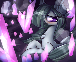 Size: 2500x2050 | Tagged: safe, artist:madacon, marble pie, earth pony, pony, g4, hearthbreakers, blushing, cave, chest fluff, crystal, female, high res, mare, solo