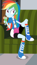 Size: 1091x1895 | Tagged: safe, artist:negasun, rainbow dash, equestria girls, g4, boots, cafe, clothes, cocktail, compression shorts, couch, drinking, female, holding legs, raised leg, shorts, sitting pretty, skirt, socks, solo, straw, tomboy