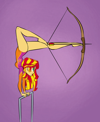Size: 900x1100 | Tagged: safe, artist:sketchyjackie, sunset shimmer, equestria girls, g4, archery, arrow, backbend, balancing, barefoot, between toes, bow (weapon), bow and arrow, clothes, contortionist, feet, female, flexible, gymnast, gymnastics, handstand, holding, legs, leotard, olympics, purple background, simple background, smiling, solo, sports, uneven bars, upside down