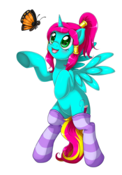 Size: 1750x2500 | Tagged: safe, artist:evomanaphy, oc, oc only, alicorn, butterfly, pony, bipedal, clothes, open mouth, simple background, socks, solo, striped socks, transparent background