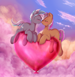Size: 2458x2509 | Tagged: safe, artist:evomanaphy, oc, oc only, oc:magix, oc:ophelia, balloon, balloon riding, cloud, couple, eyes closed, female, flying, heart balloon, high res, lesbian, love, mare, sky, that pony sure does love balloons